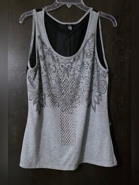 Vanity Studded Cross Layered Mesh Grey Scoop Neck Tank Top Women's Size XL
